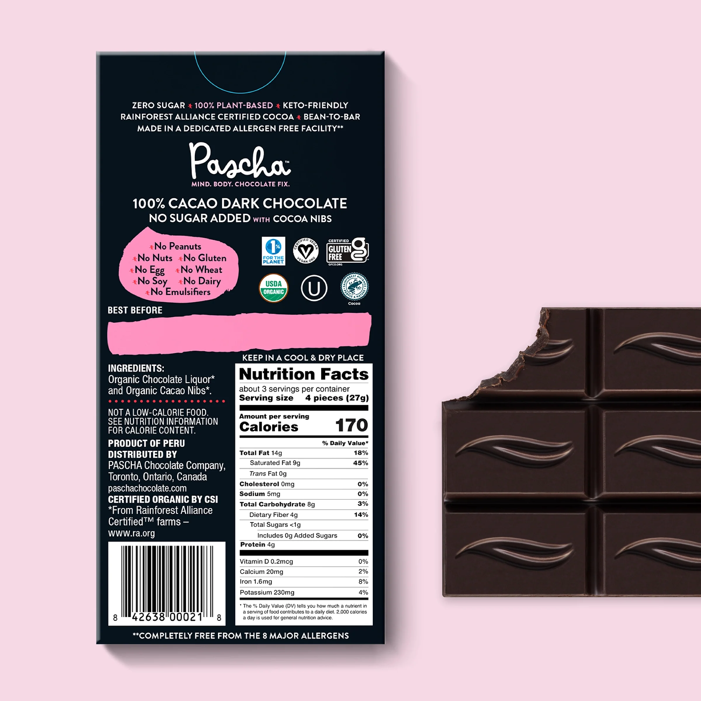 100% Cacao Organic Vegan Dark Chocolate Bar with Cocoa Nibs - Image 3