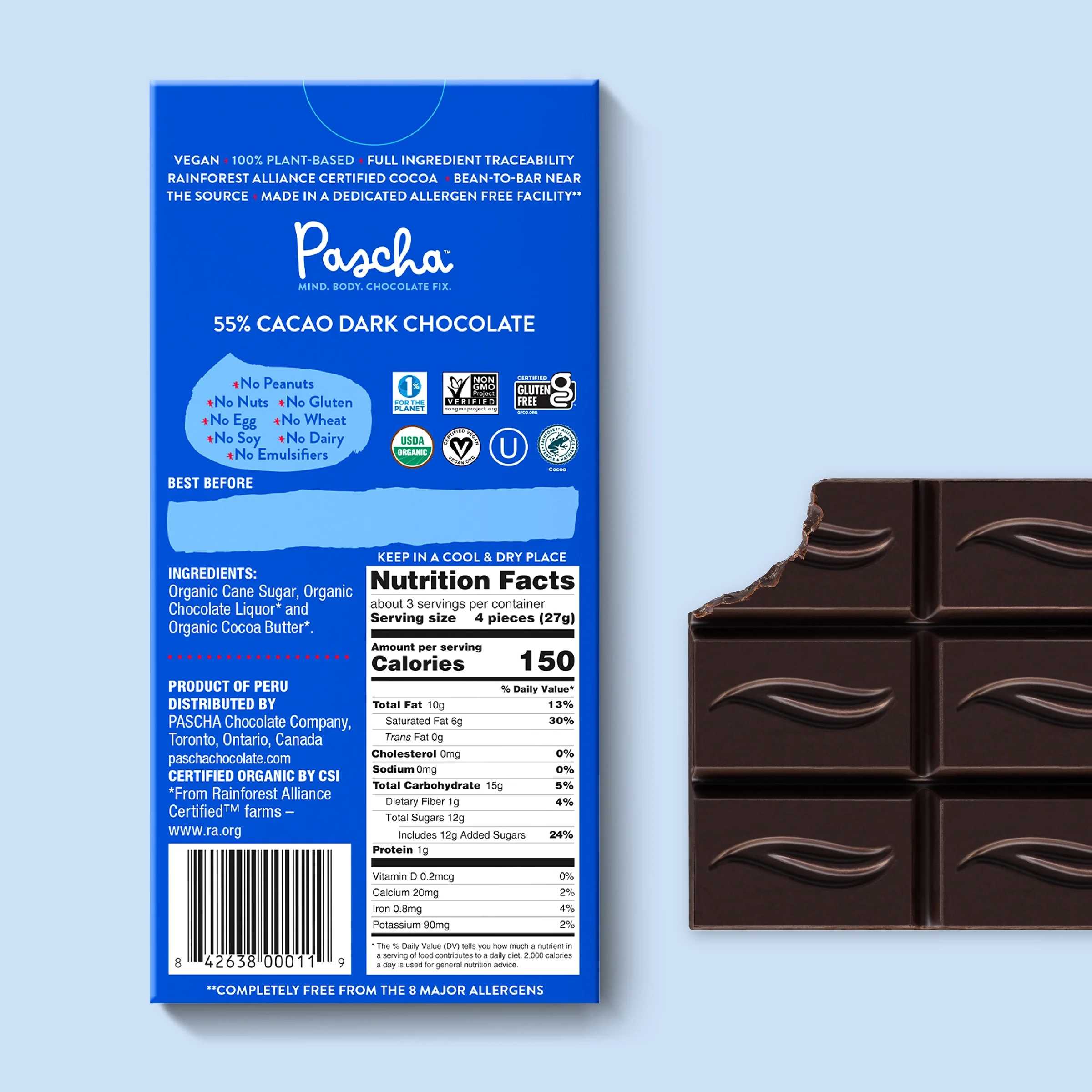 55% Cacao Organic Vegan Dark Chocolate Bar - Image 3