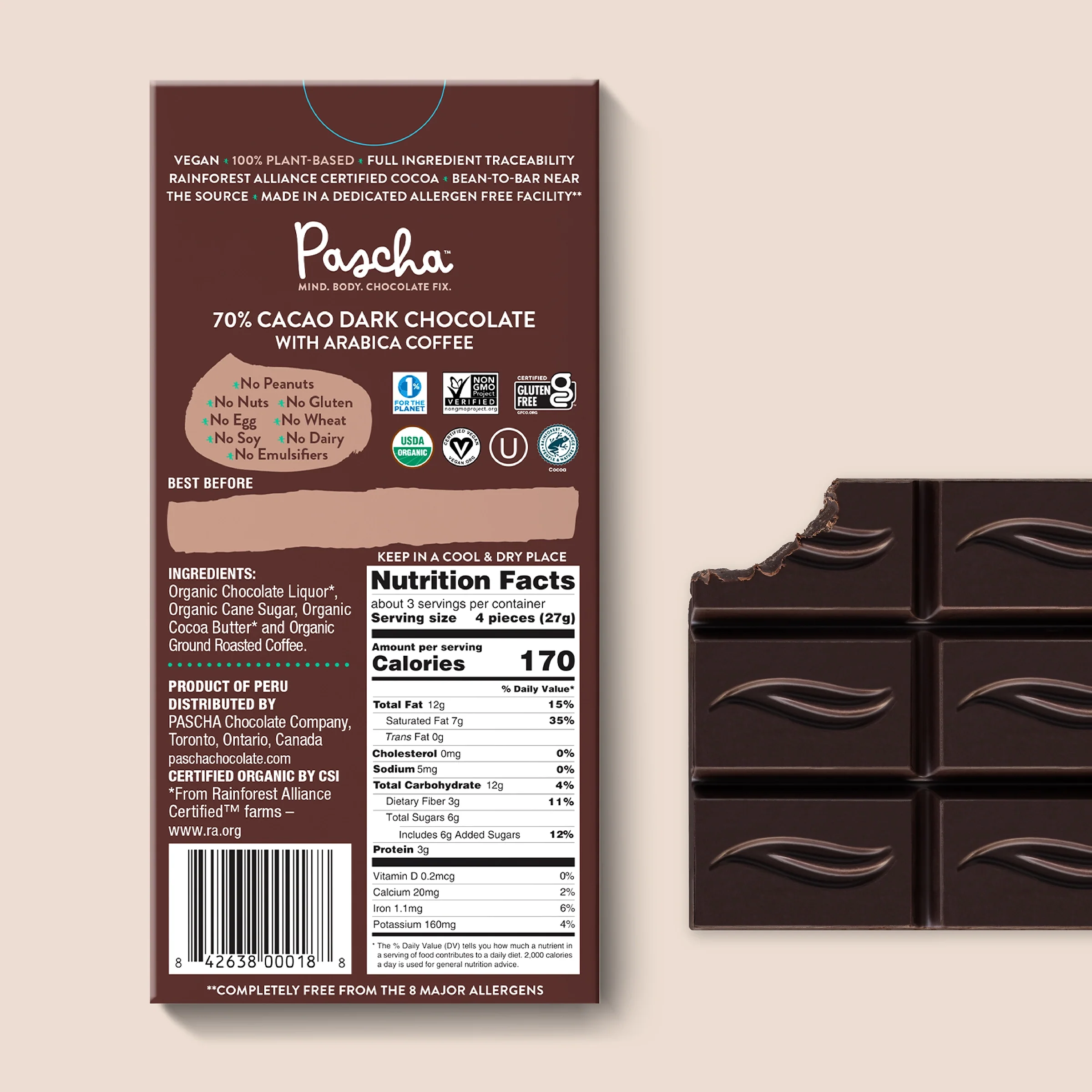 70% Cacao Organic Vegan Dark Chocolate Bar with Arabica Coffee - Image 3