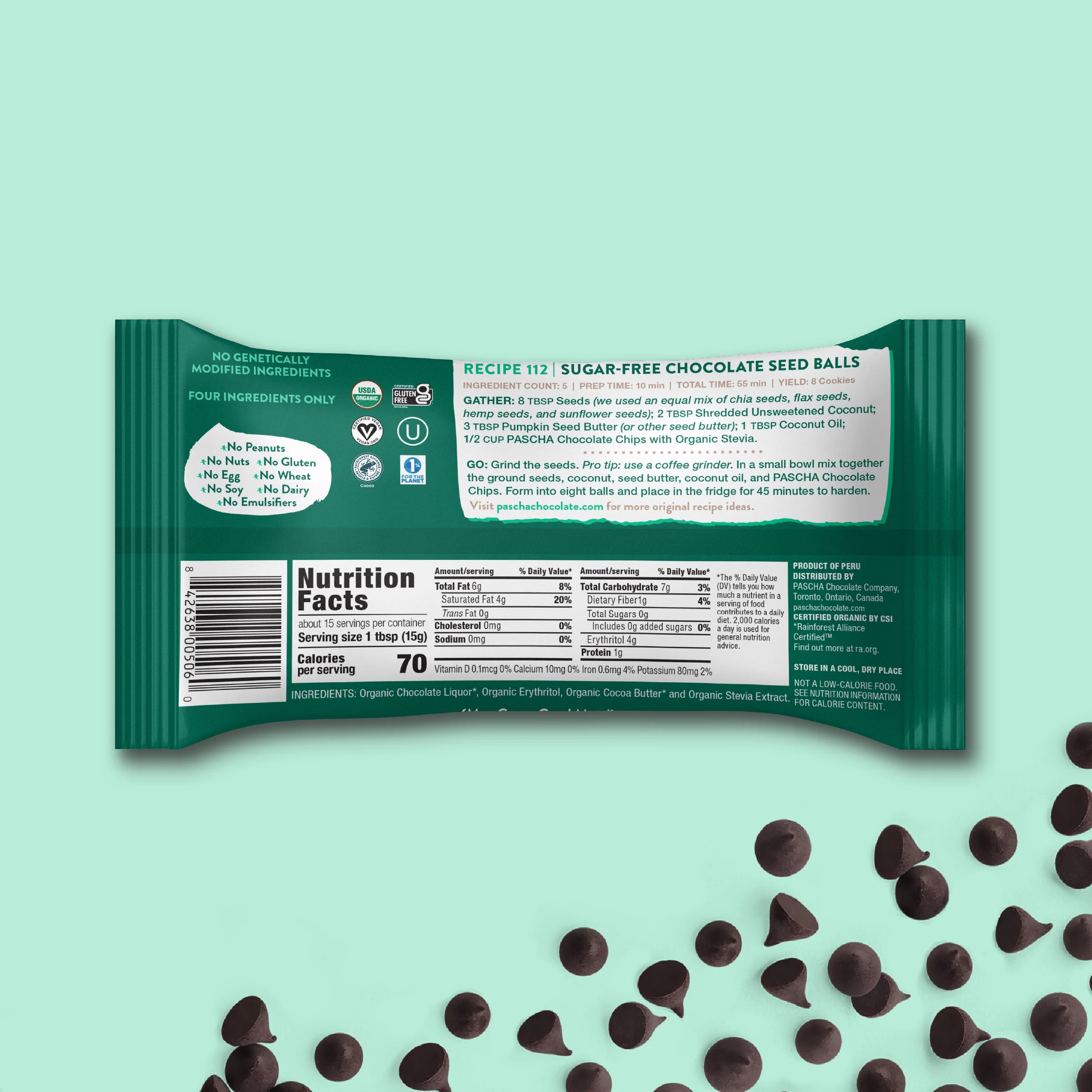 70% Cacao Organic Vegan Bitter-Sweet Dark Chocolate Chips with Stevia - Image 3